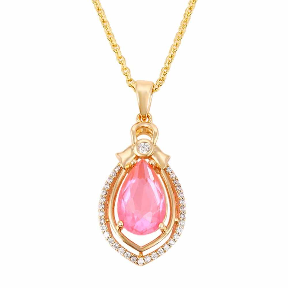 Women's Pink Crystal Zirconia Pendant With Gold Plated Chain