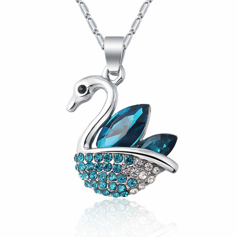 Women's Silver Plated Blue Crystal Swan Pendant With Chain