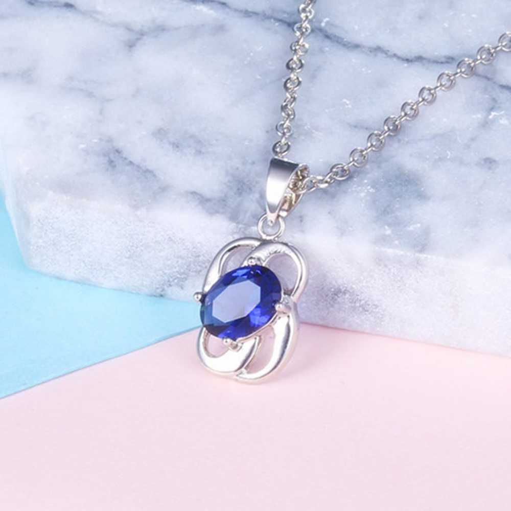 Women's Silver Plated Oval Shaped Crystal Pendant With Chain In Blue