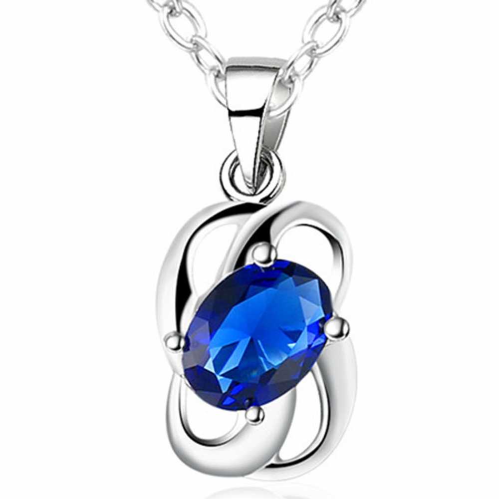 Women's Silver Plated Oval Shaped Crystal Pendant With Chain In Blue