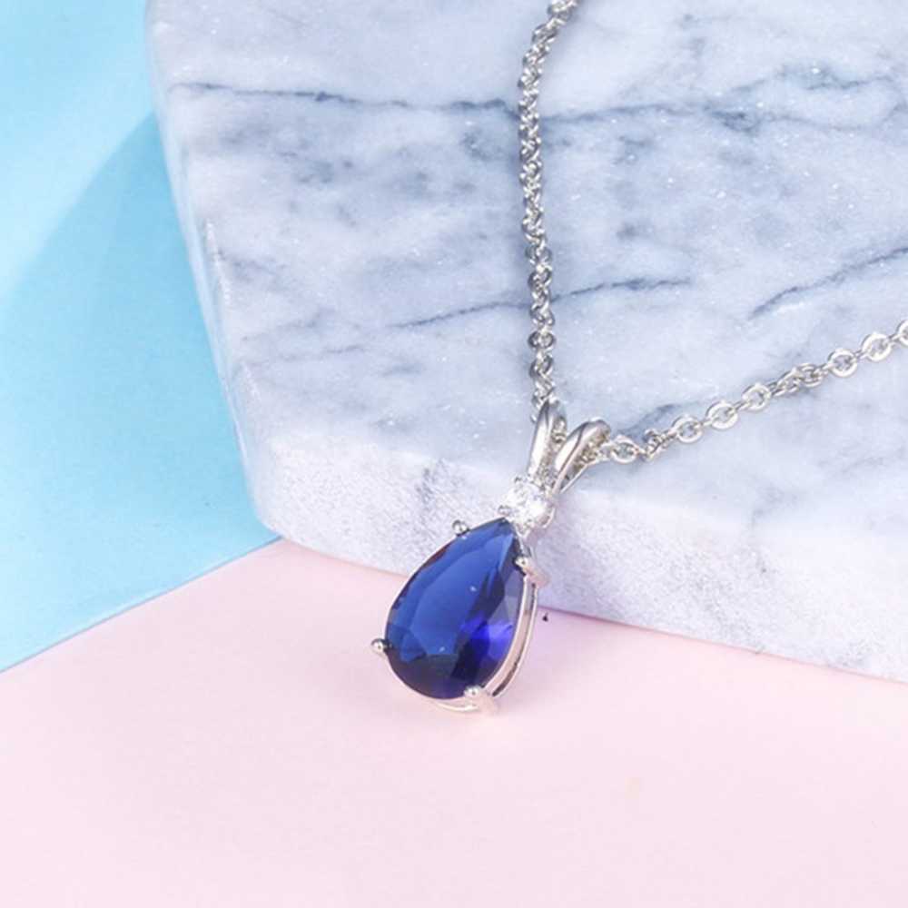 Women's Silver Plated Pear Shaped Crystal Pendant With Chain In Blue