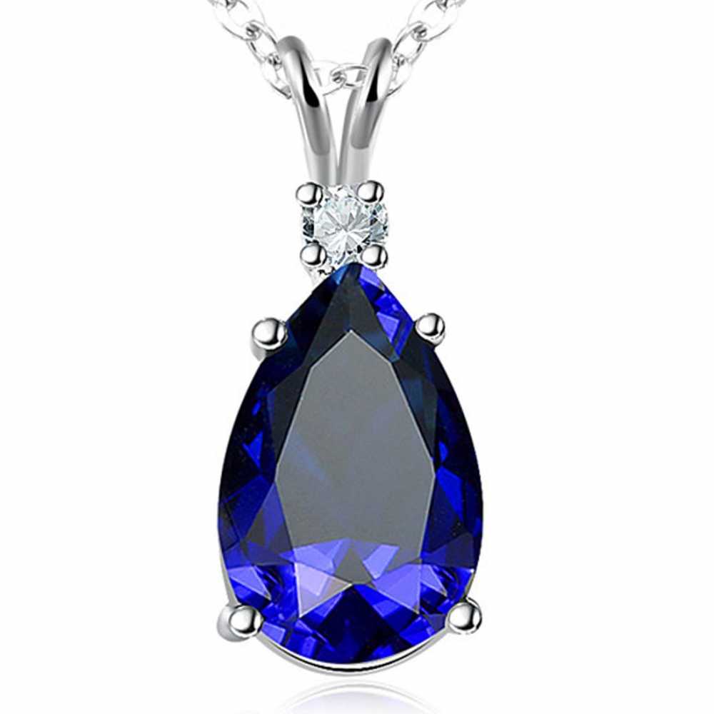 Women's Silver Plated Pear Shaped Crystal Pendant With Chain In Blue