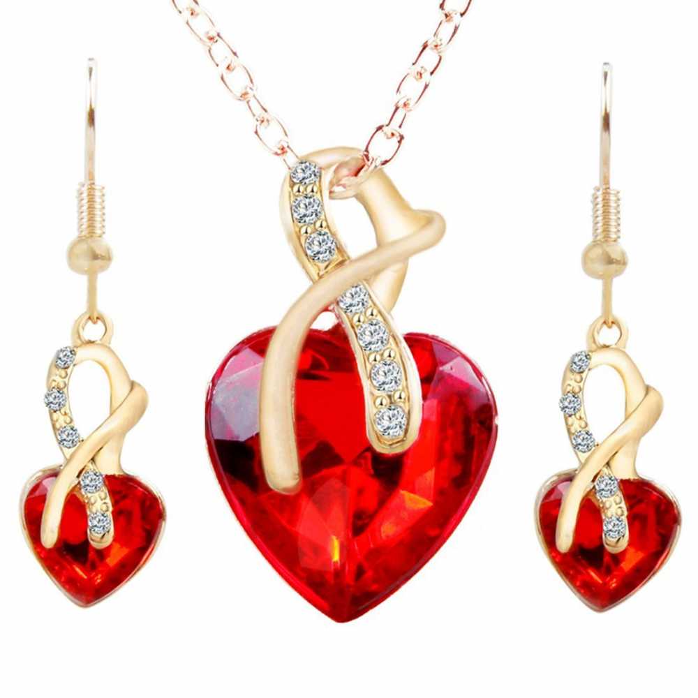 Women's Heart Shaped Crystal Pendant With Chain And Earring In Red