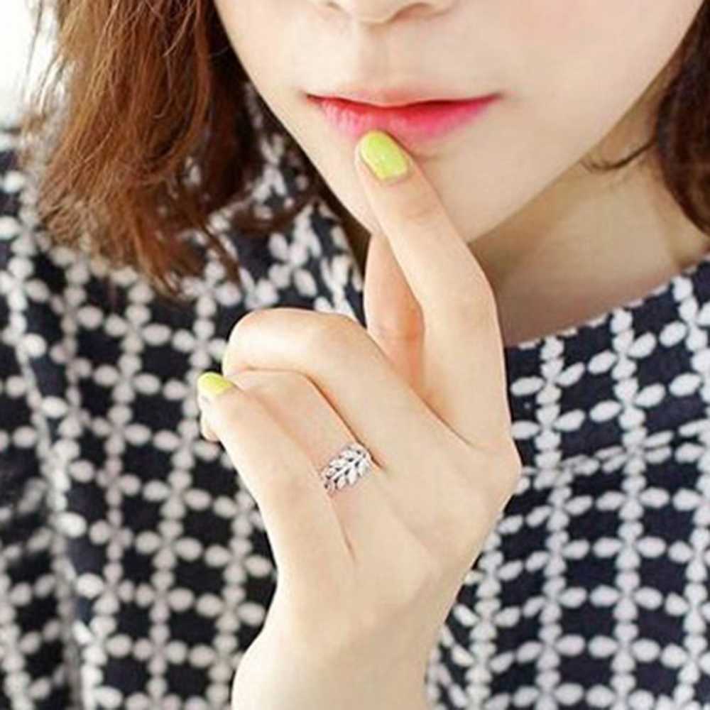 Women's Silver Plated Adjustable Crystal Ring In Leaf Design