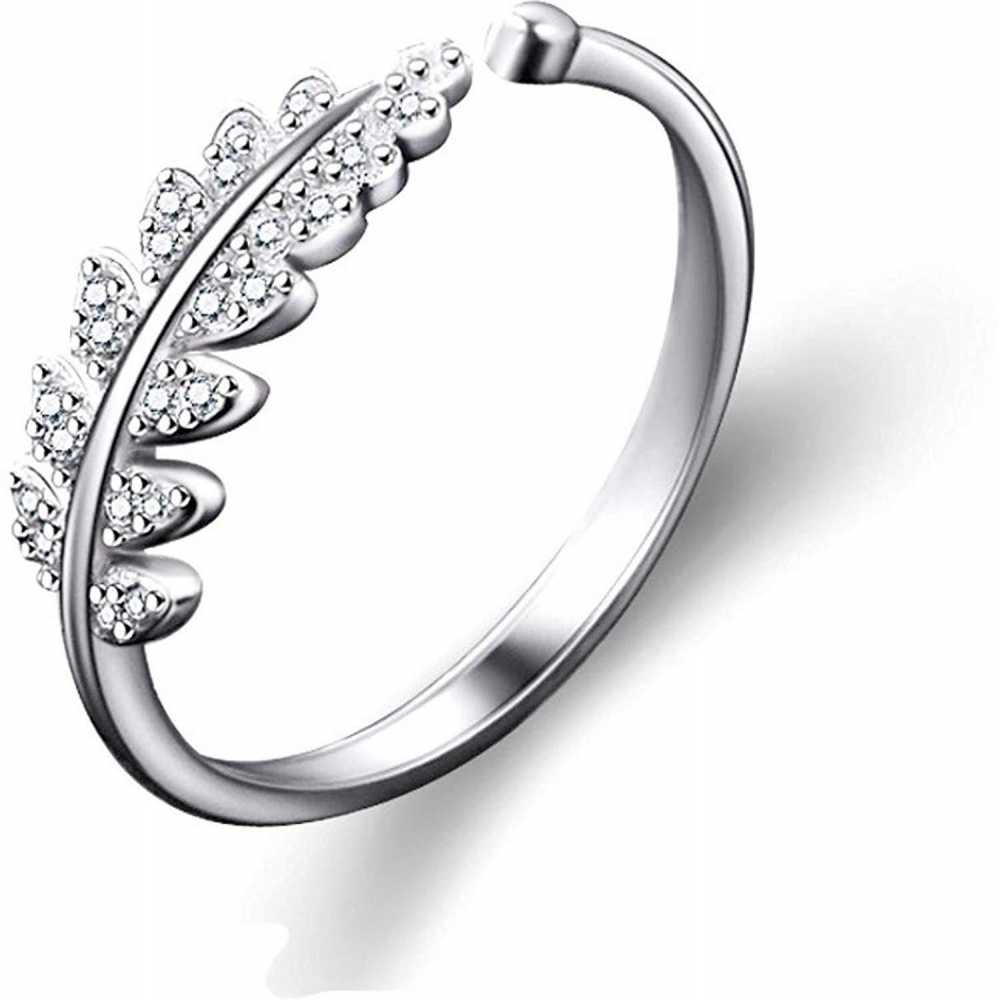 Women's Silver Plated Adjustable Crystal Ring In Leaf Design