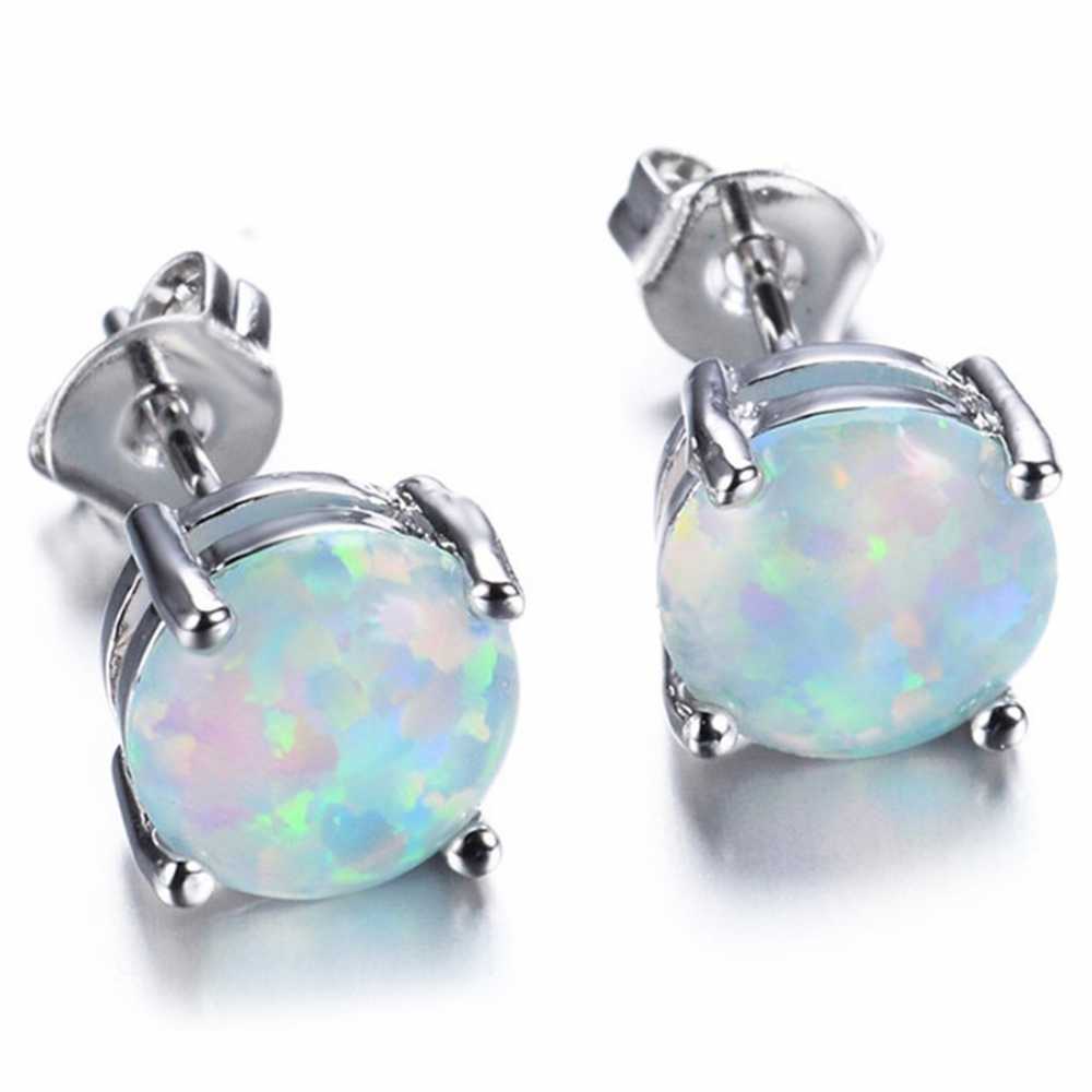 Women's Silver Plated Oval Shaped Opal Stud Earring