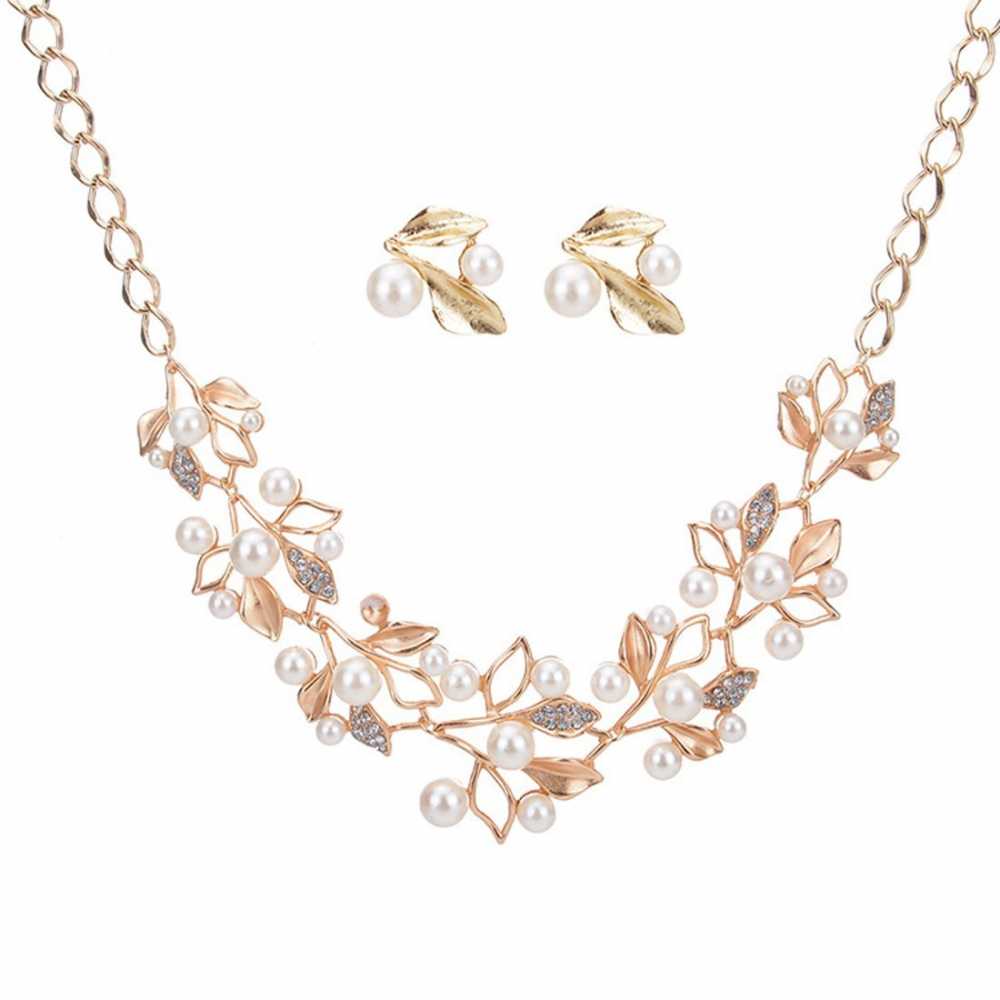 Women's Gold Plated Pearl Necklace And Earring Set In Leaf Design