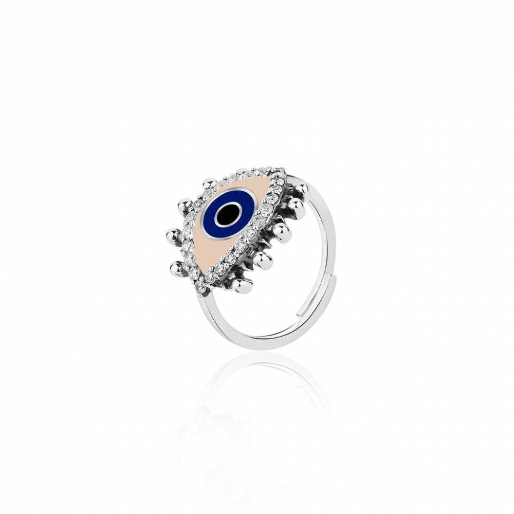 Women's Sterling Silver Evil Eye Adjustable Ring With Zirconia