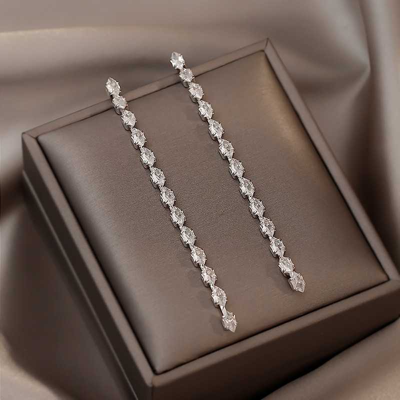 Women's Long Tassel Drop Earrings Studded With Zircon Stones