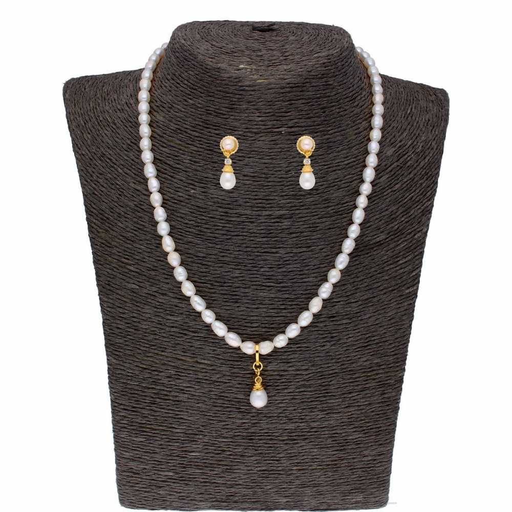 Freshwater Pearl Necklace With Drop Shaped Pendant And Drop Earring