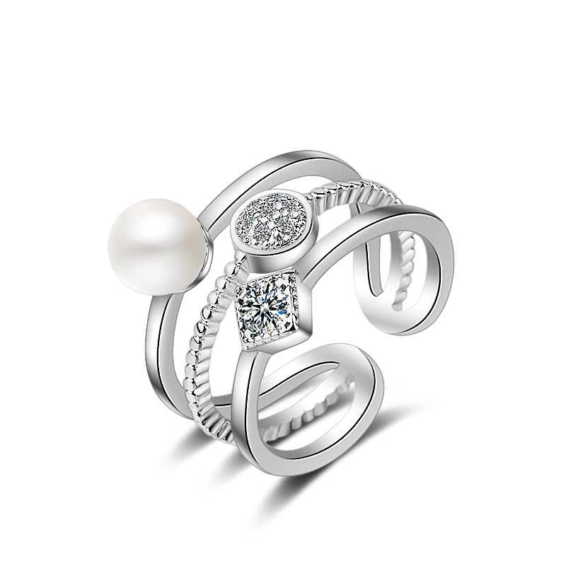 Women's Sterling Silver Pearl And Cubic Zirconia Open Ring