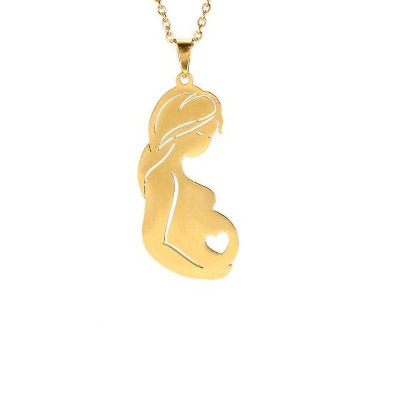 Stainless Steel Pregnant Woman With Tiny Heart In Belly Pendant Necklace