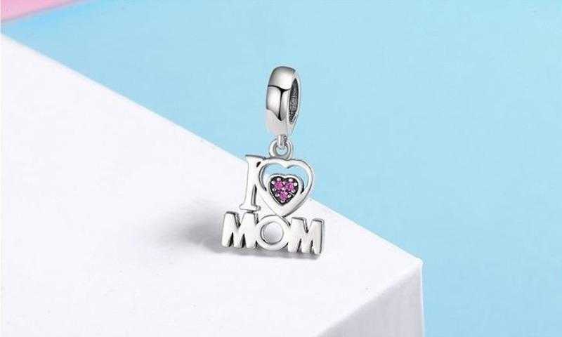 Women's Sterling Silver Mom Heart Charm Pendant With Zirconia