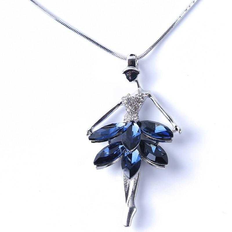 Women's Blue Crystal Ballet Dance Girl Pendant And Link Chain