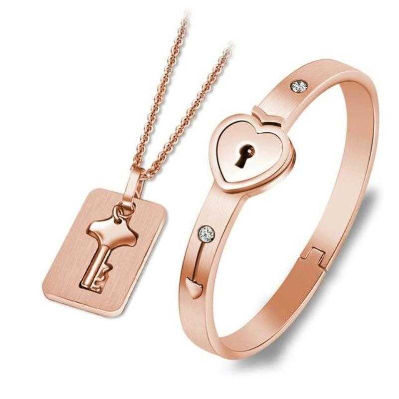 Couple Stainless Steel Heart Lock Bracelet And Key Pendant Necklace