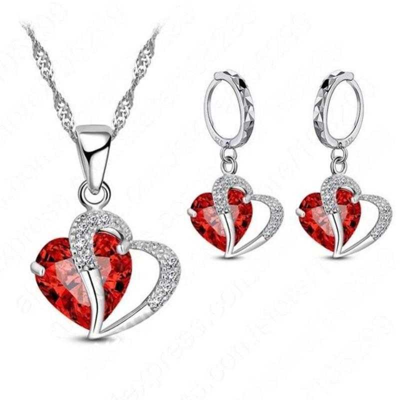 Women's Cubic Zirconia Heart Pendant Necklace And Earring Set