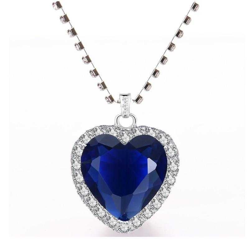 Women's Heart Shaped Blue Stone Pendant With Crystal Chain