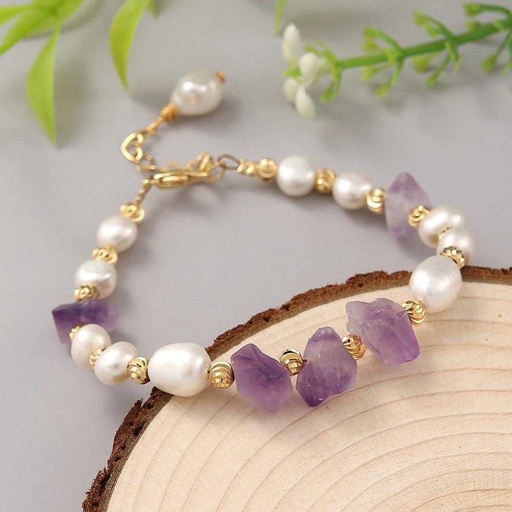 Women's Natural Amethyst And Freshwater Baroque Pearl Bracelet