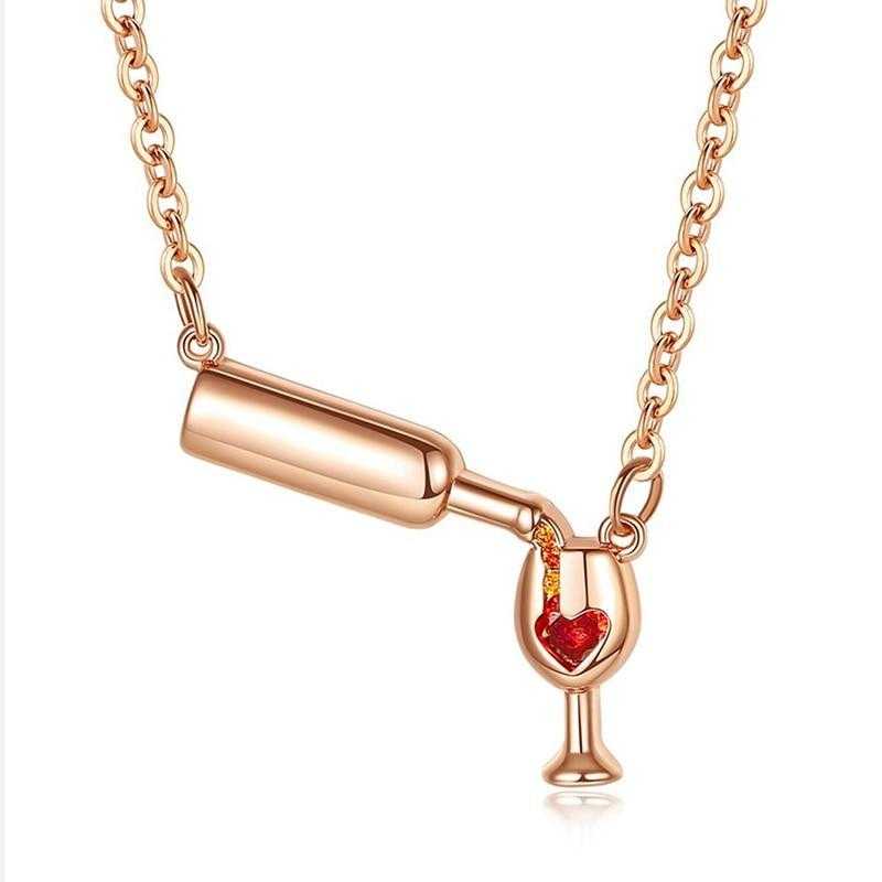 Women's Wine And A Heart Pendant Necklace With Cubic Zirconia