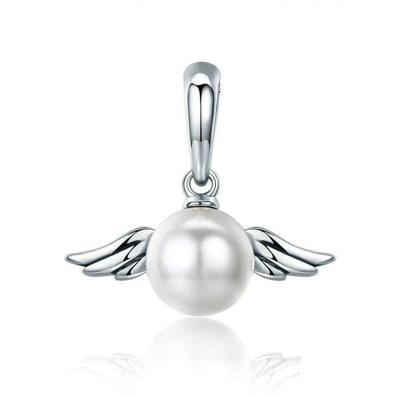 Women's 925 Sterling Silver Angel Wing Feather Charm With Pearl