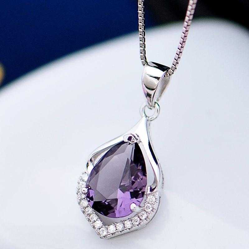 Women's Sterling Silver Water Drop Amethyst Pendant With Chain