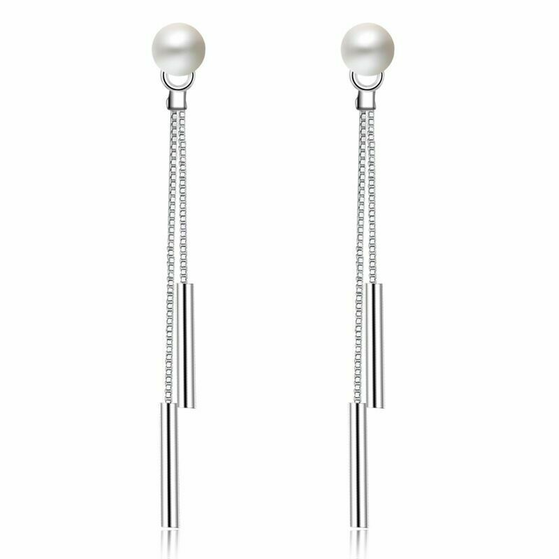 Women's Sterling Silver Pearl Stud Tassel Drop Earrings