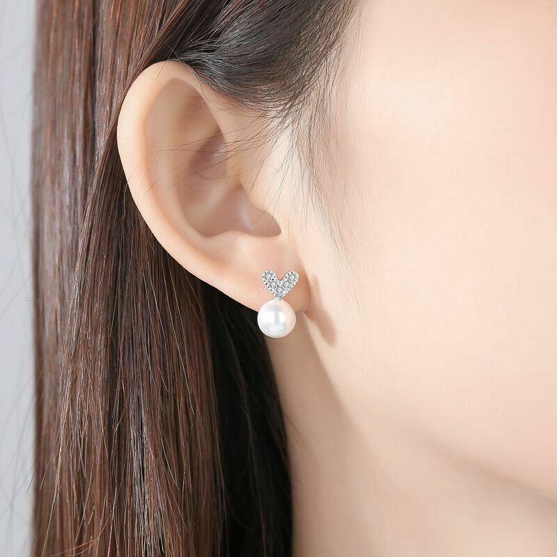 Women's Sterling Silver Crystal Heart Shaped Pearl Stud Earrings
