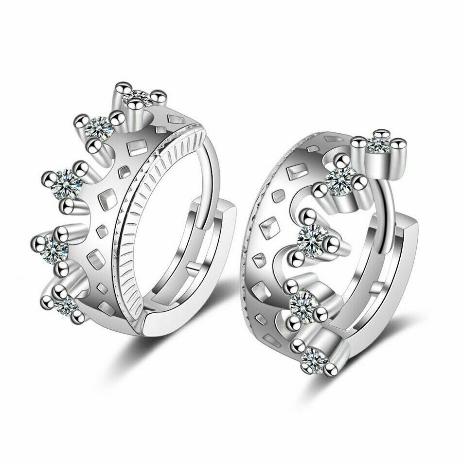 Women's Sterling Silver Crown Hoop Earrings With Crystals