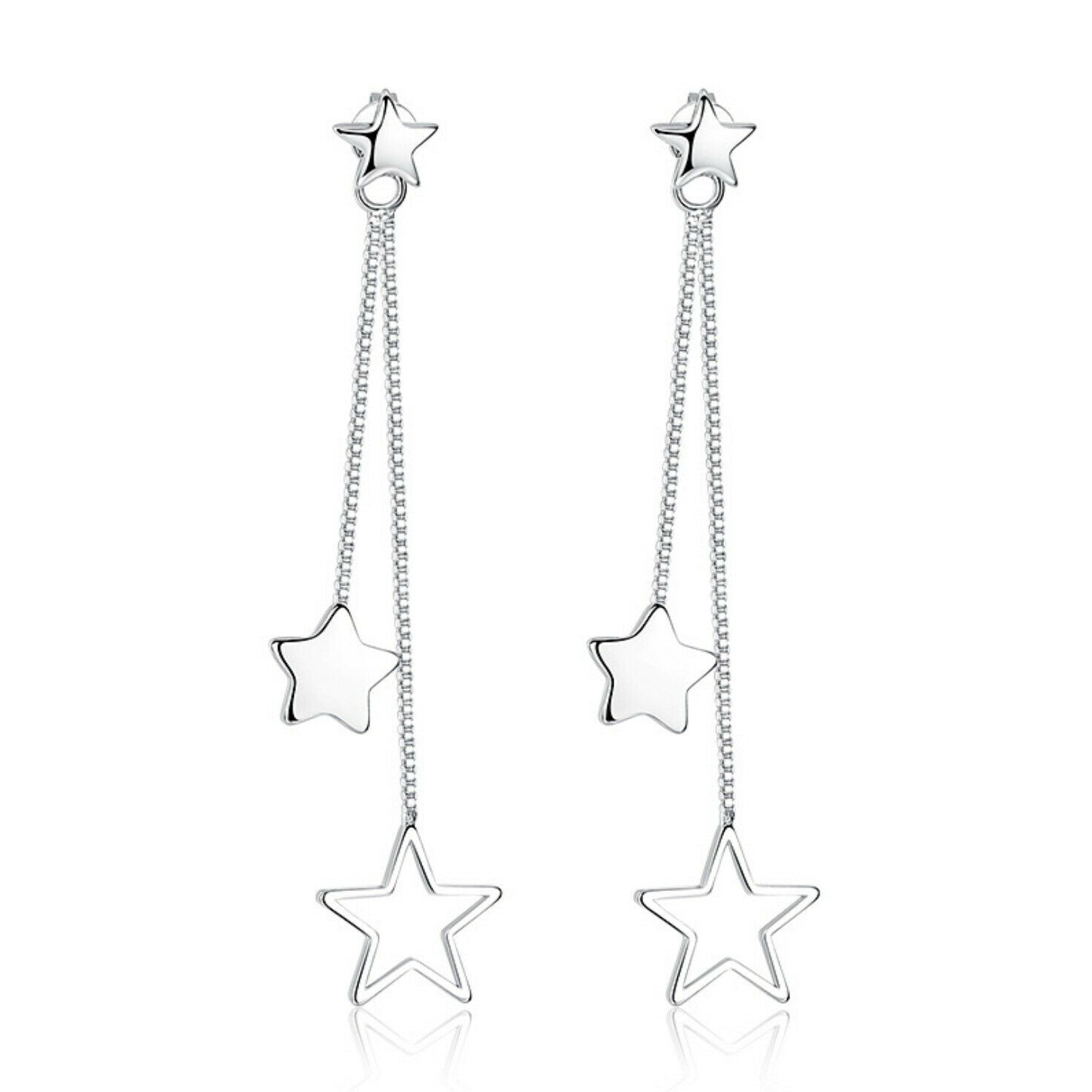 Women's Sterling Silver Star Dangle Long Stud Earrings