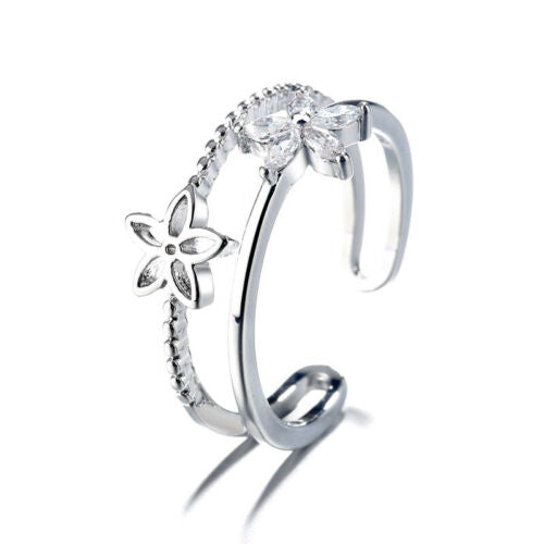 Women's Sterling Silver Double-Layer Open Ring With Crystal