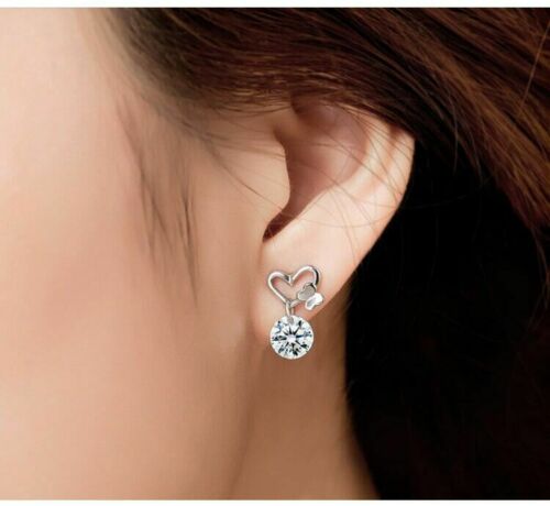 Women's Sterling Silver Butterfly Heart Stud Earrings With Crystal