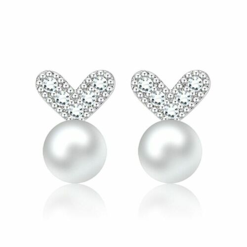 Women's Sterling Silver Crystal Heart Shaped Pearl Stud Earrings