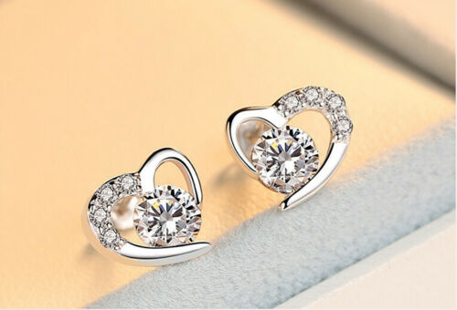 Women's Swirl Heart Crystal Stud Earrings in Sterling Silver